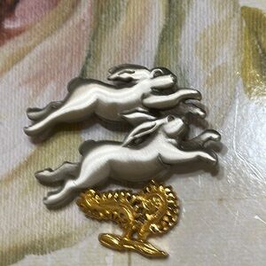 Shields Pewter Leaping Rabbits Brooch with Gold Accent-2”